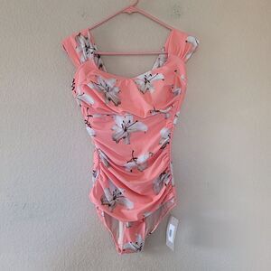 Albion Womens Grace Off Shoulder One Piece Swimsuit Size Small Coral Floral Nwt